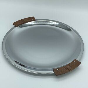 Vintage Mid-Century Chrome Round Serving Platter  Wood Handles MCM Kromex